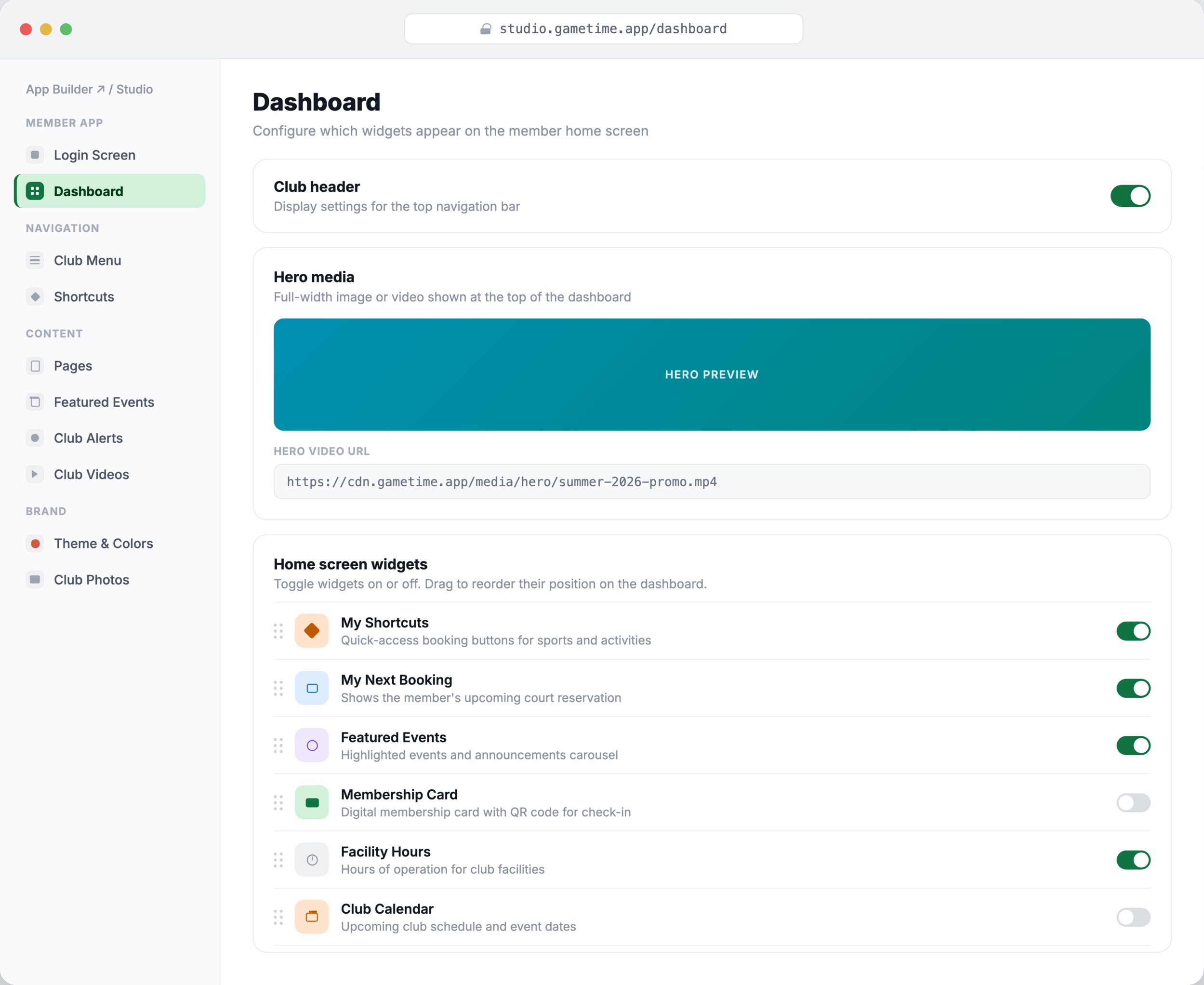 GameTime Studio app builder dashboard