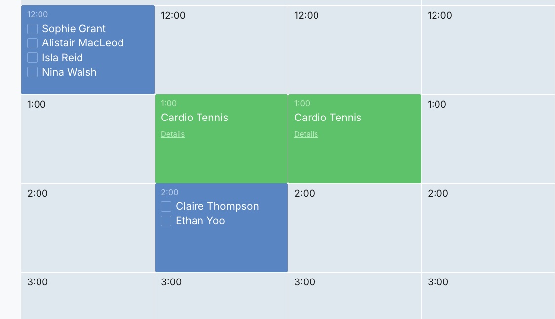 Booking grid with a class occupying court slots
